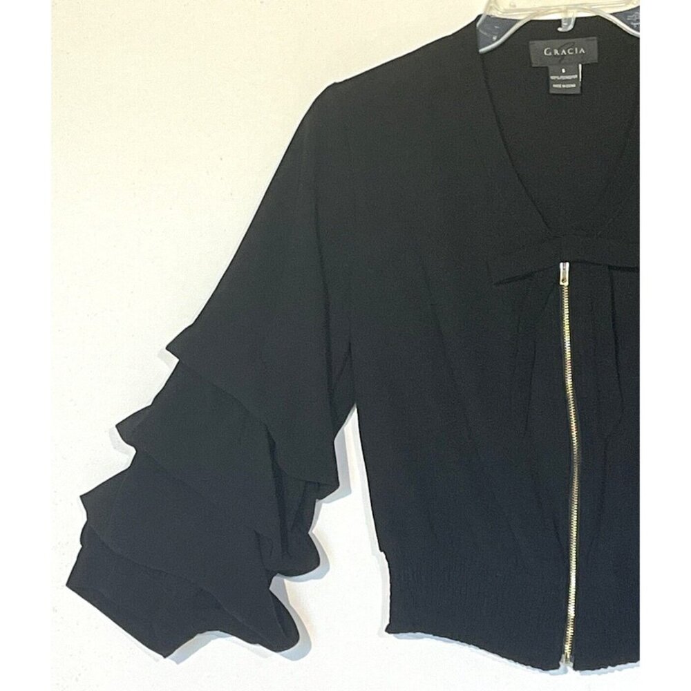 New Gracia Black Ruffle Sleeve V-Neck Zip Blouse Top - Picture 10 of 15